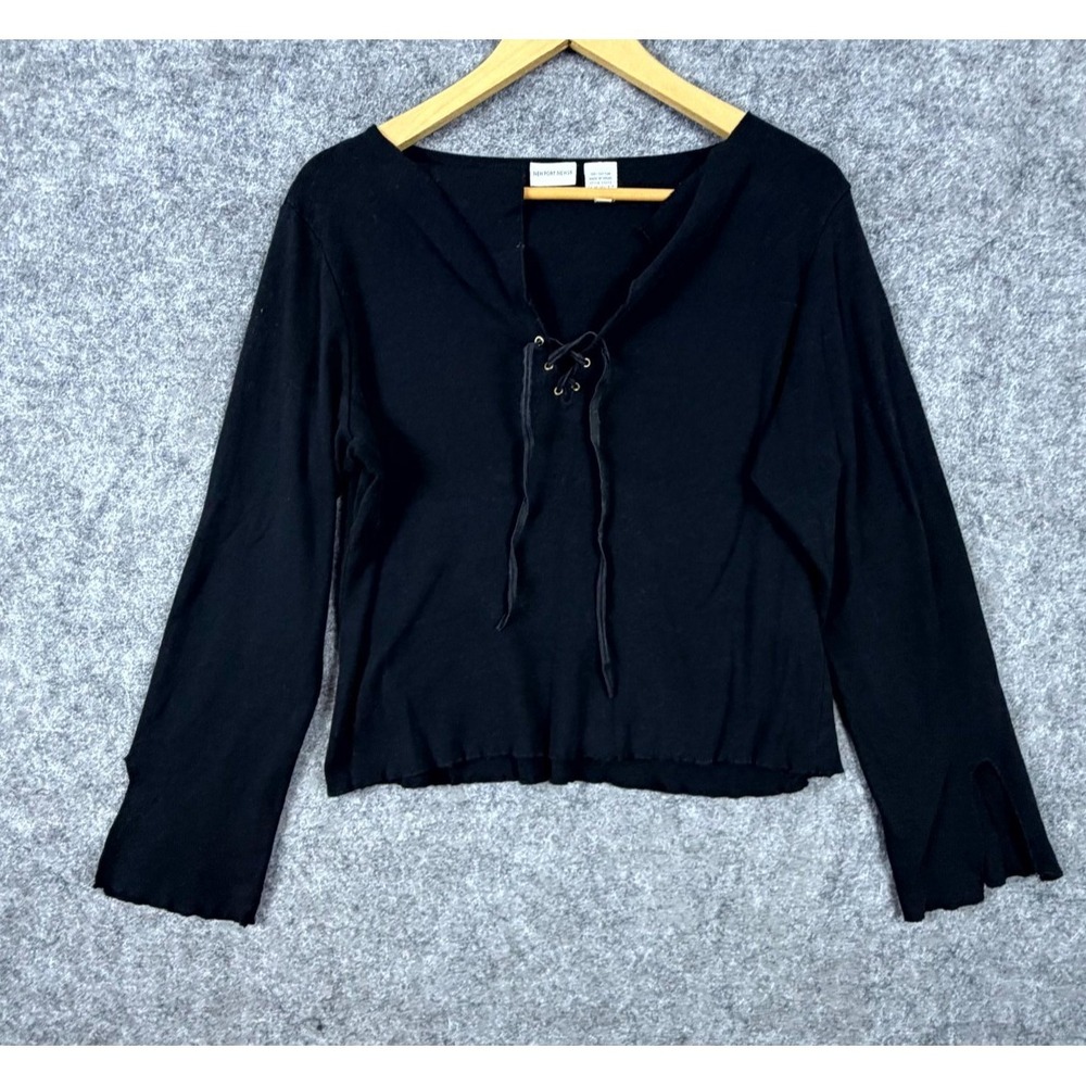 Vintage Newport News Blouse Top Womens XL Black Long Sleeve Lace Up Front Boho